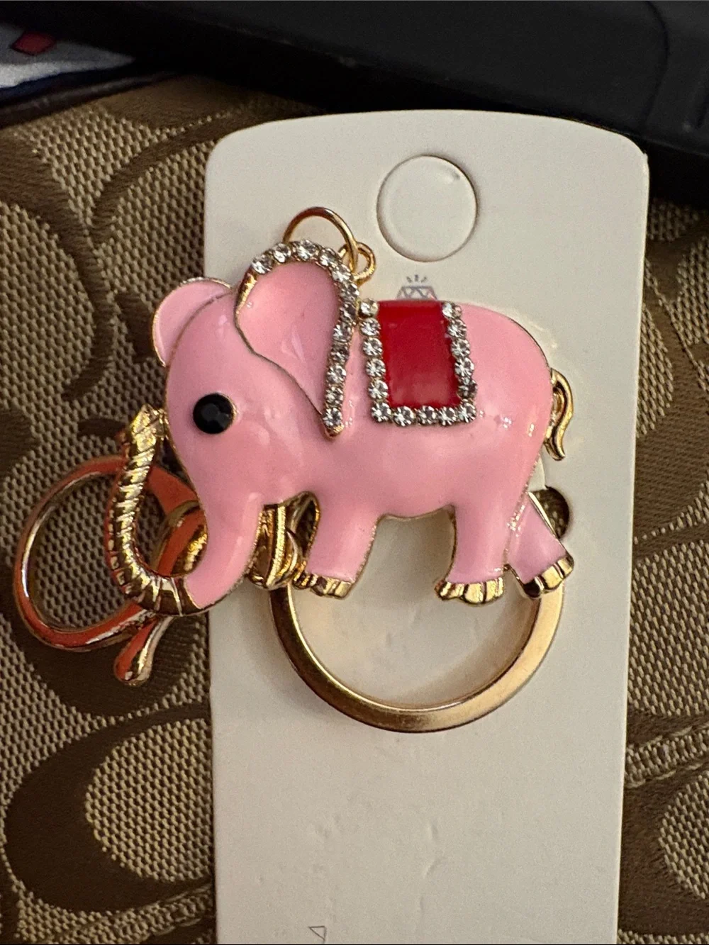 Mint Pink Elephant Keychain with Red Saddle and Gold Hardware - Picture 2 of 2